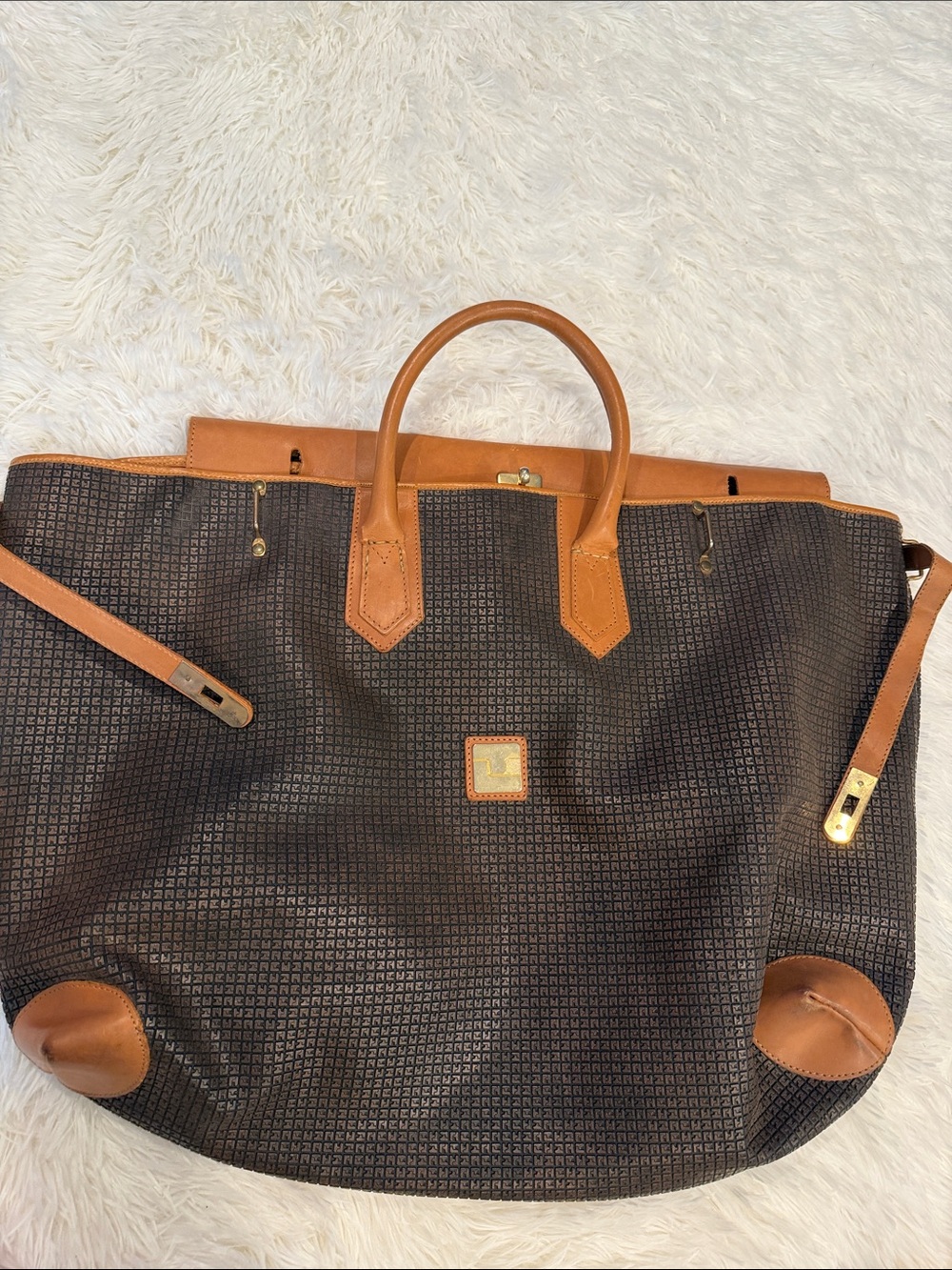 Men's Brown Patterned Duffel with Tan Leather Trim